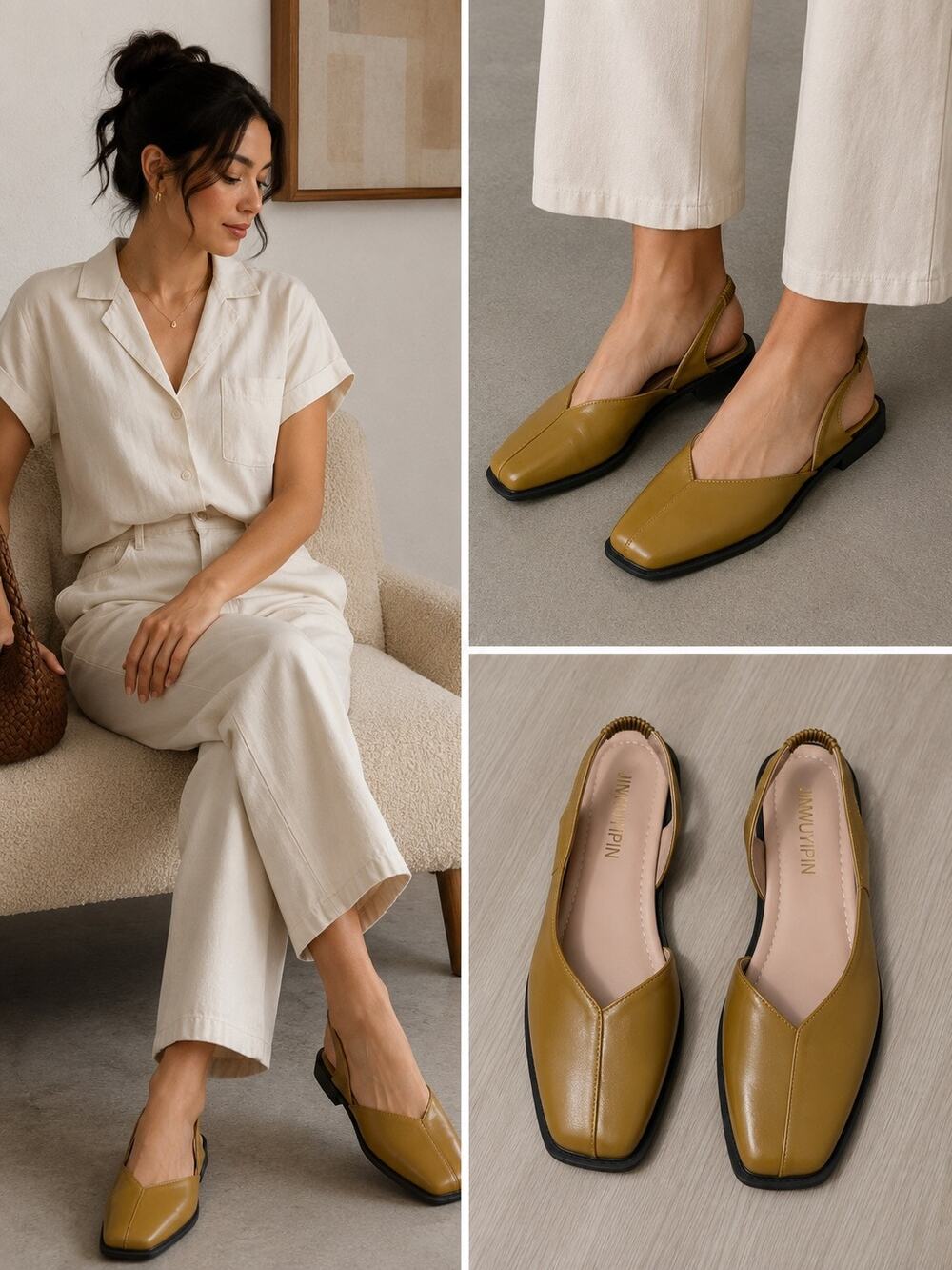 JINWUYIPIN Mustard Yellow Square Toe Slingback Flats Minimalist Ballet Flats 8.5